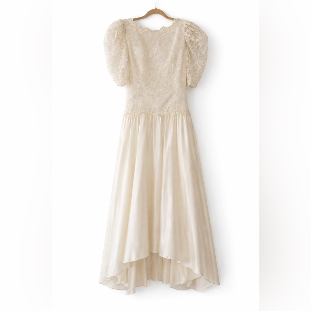 Vintage Ivory Lace Bodice High-Low Satin Formal Dress